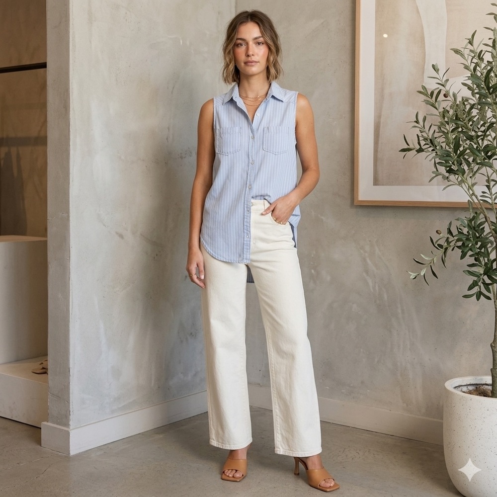 Sleeveless Chambray Stripe Button-Up Shirt Powder Blue Summer
Top Size S
